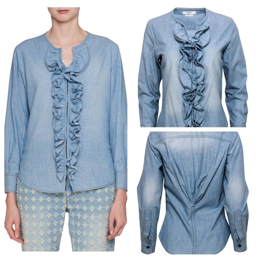 Etoile Isabel Marant Liz Zip-Front Long-Sleeve Denim Blouse Ruffled Trim Size XS